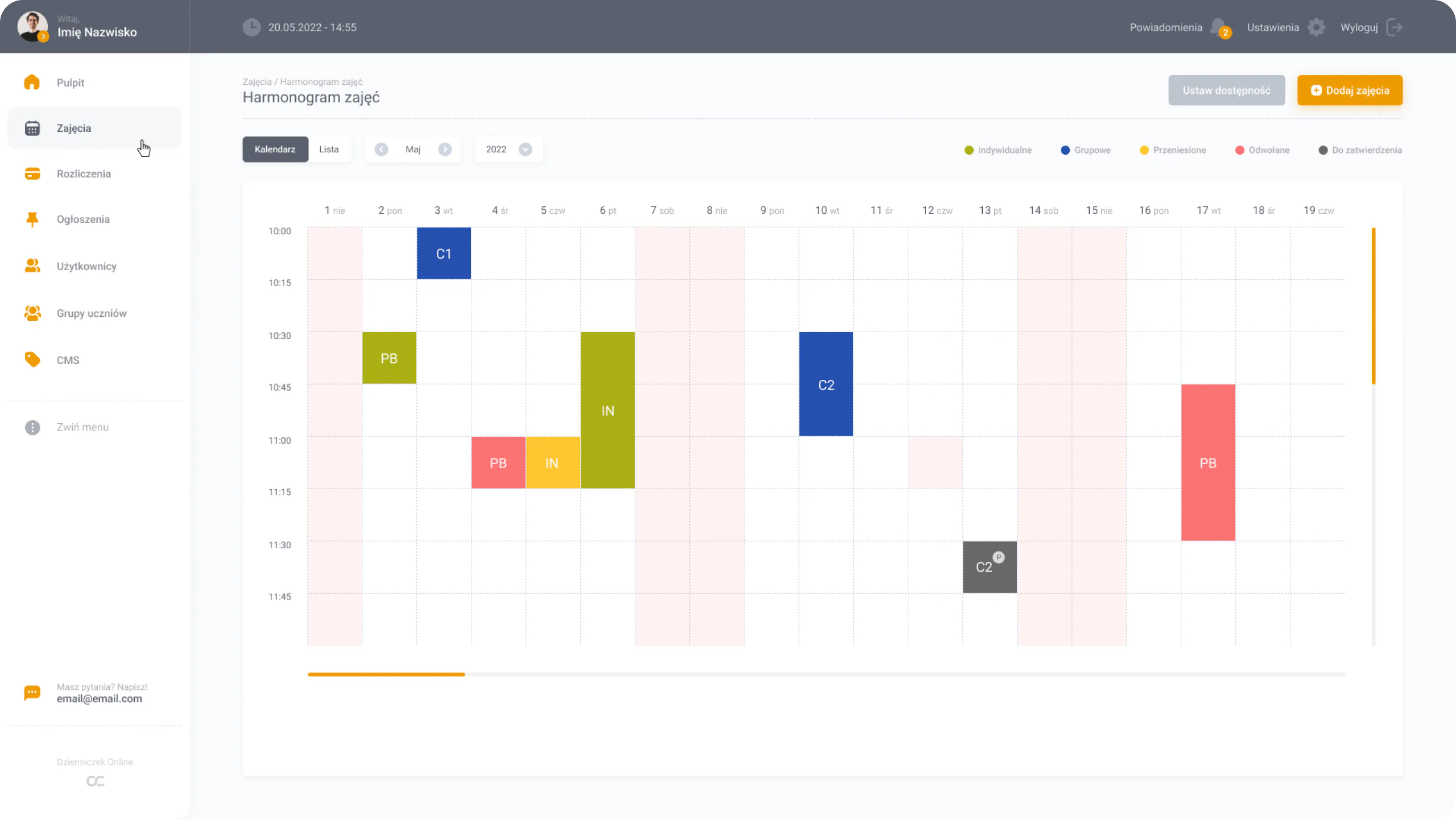 An online school diary for a language school — website view 2