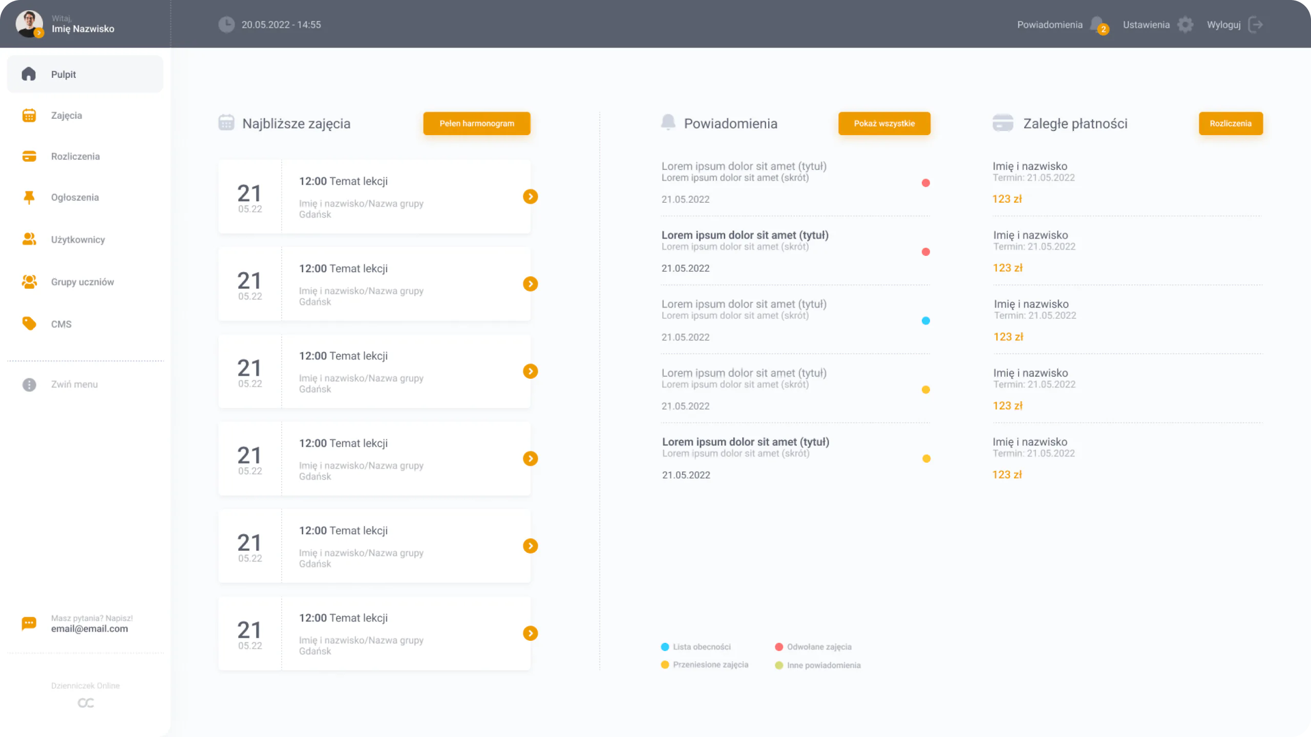 An online school diary for a language school — website view 1