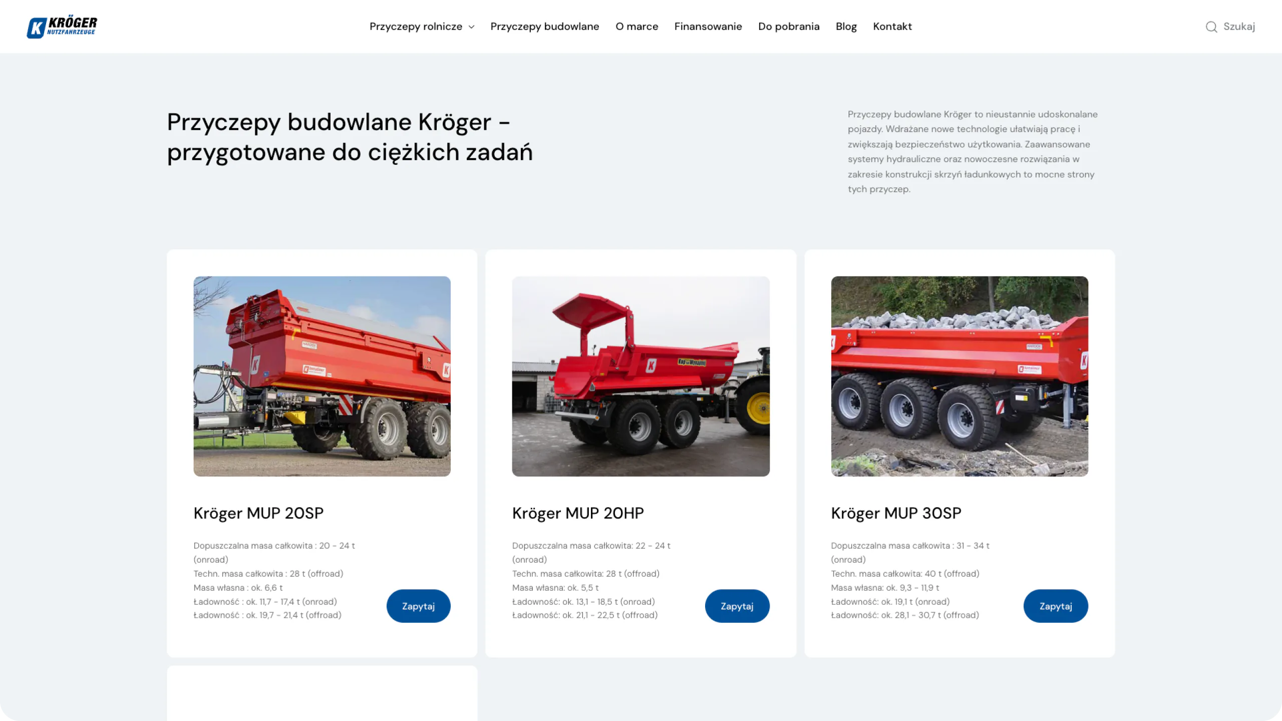 A product catalogue for a German trailer and tipper manufacturer — website view 2