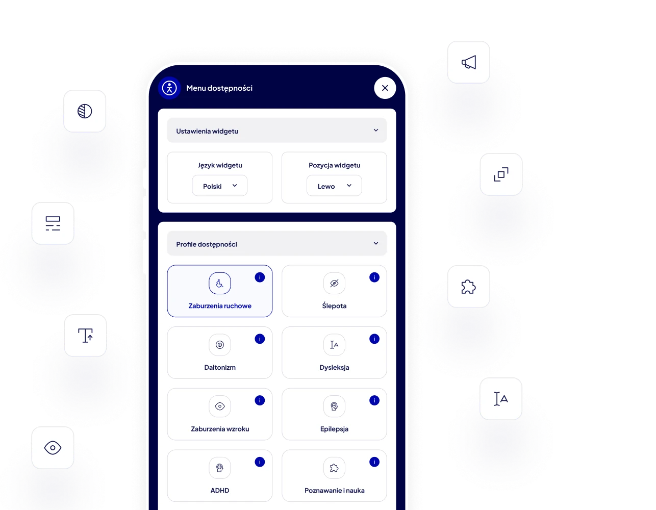DockAccess accessibility widget with display settings and accessibility profiles